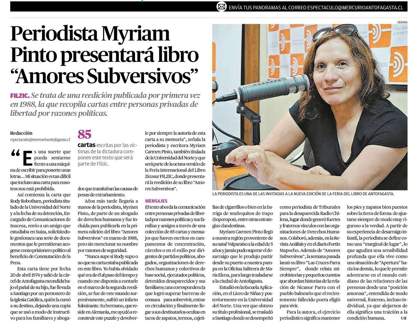 «Amores Subversivos». Diario El Mercurio de Antofagasta/ 10/4/2018